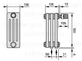 Схема (чертеж) Радиатор Zehnder Charleston 4055/3 №V002 Белый глянцевый RAL 9016